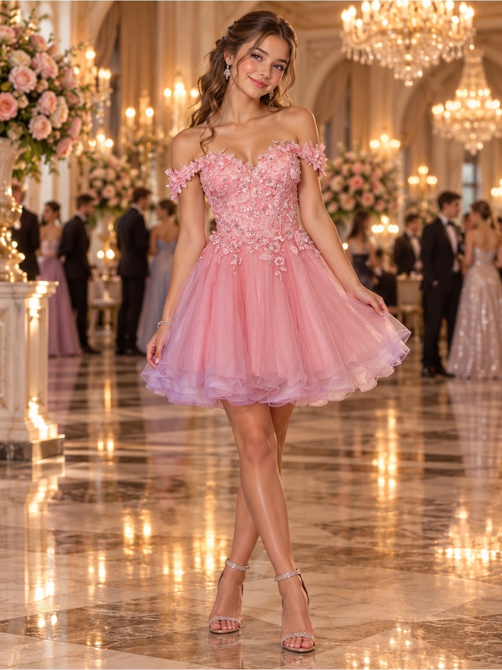 Camille La Vie Size 6 Pink 3D Floral Rhinestone Tulle Prom Dress